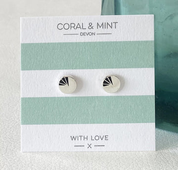 Art Deco Black Enamel Earrings Coral and Mint